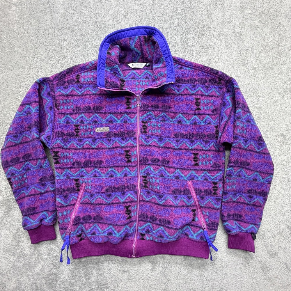 Vintage Columbia Jacket Womens XL Purple Full Zip Fleece Pockets Geometric USA